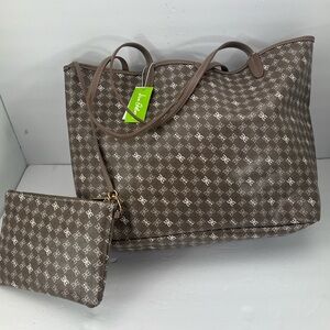 SAM EDELMAN HARPER MONOGRAM SHOPPER TOTE WITH SMALL POUCH, TAUPE COLOR